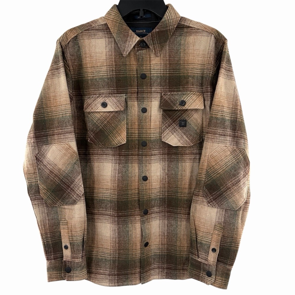 Roark Shirt Men's S Brown‎ Nordsman Flannel Plaid Elbow Patch Snap Wool Blend